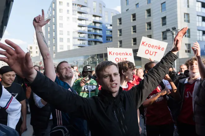 Arsenal Fans Protest Outside Emirates Stadium in London after plans were announced for a European Super League