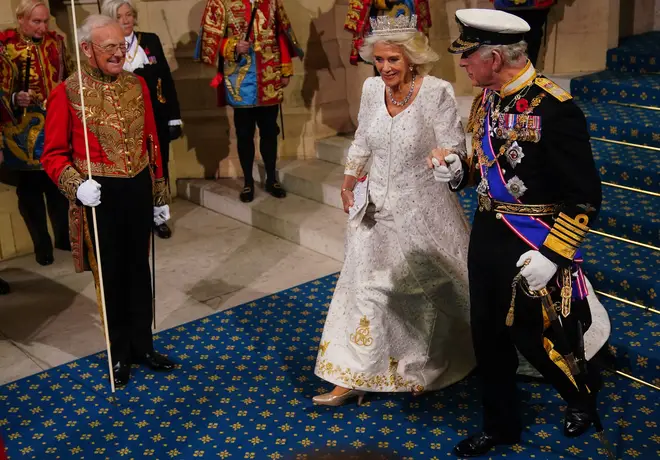 King Charles III and Queen Camilla depart from the Sovereign's Entrance at the Palace of Westminster following the State Opening of Parliament in the House of Lords