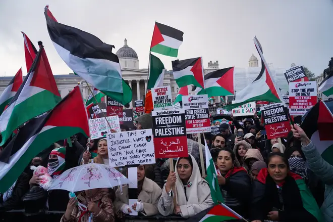 Tens of thousands of pro-Palestine demonstrators in Trafalgar Square