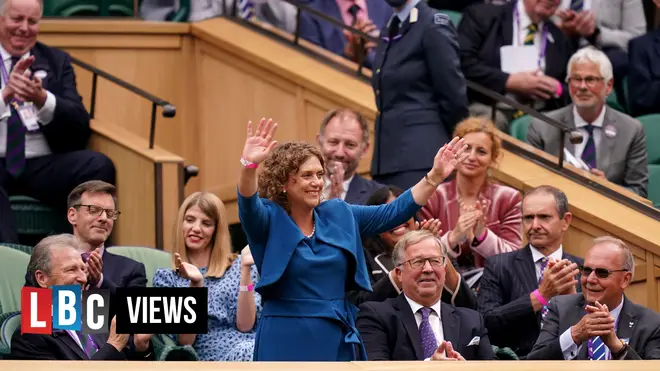 Hannah Ingram-Moore, daughter of Sir Tom Moore, in the royal box on centre court on day one of Wimbledon at The All England Lawn Tennis and Croquet Club, Wimbledon in 2021