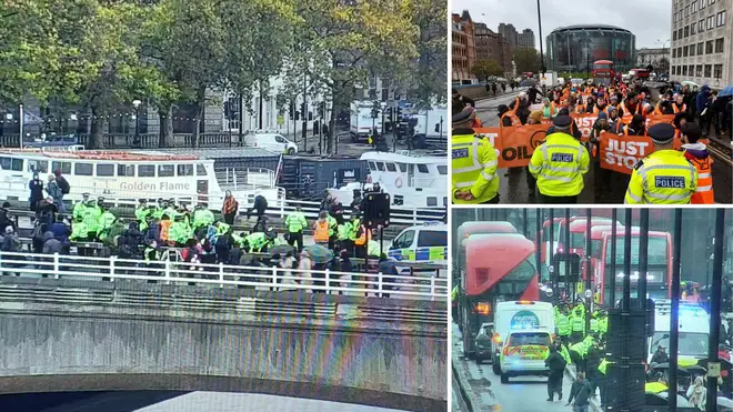 A Just Stop Oil protest blocked Waterloo Bridge on Wednesday morning.