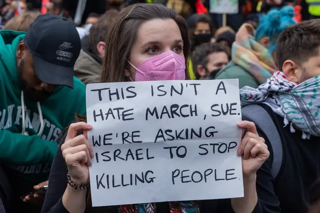 A pro-Palestinian protester in London on Saturday