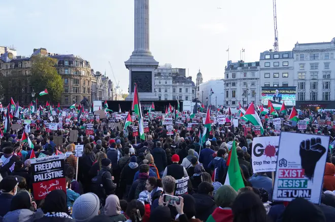 Tens of thousands of pro-Palestine demonstrators gathered in Trafalgar Square