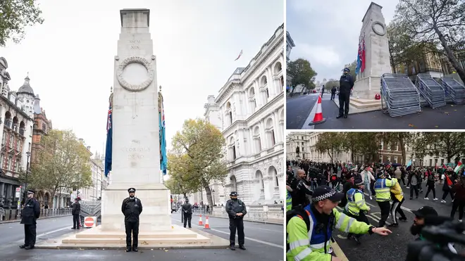 Police stand guard at the Cenotaph