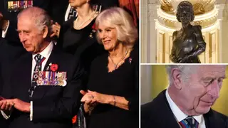 King Charles looked emotional as he unveiled statues of his parents Queen Elizabeth II and the Duke of Edinburgh at the Festival of Remembrance on Saturday.