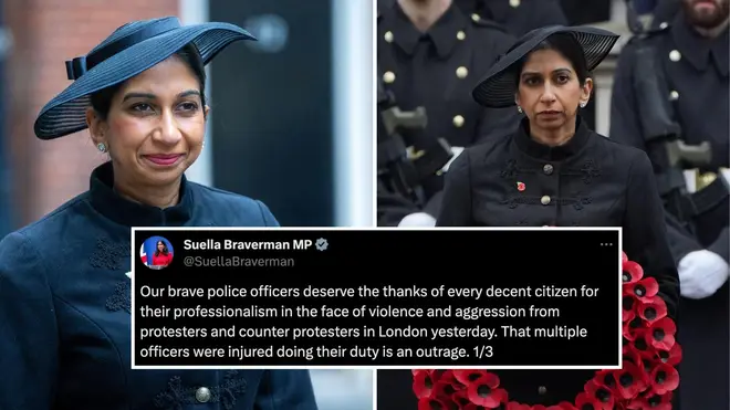 Home Secretary Suella Braverman thanked police as she made her first public comments on Sunday after violence on London streets which led to new calls for her to be sacked.
