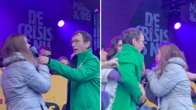 The man stormed on stage after pro-Palestinian messages were chanted at the climate rally