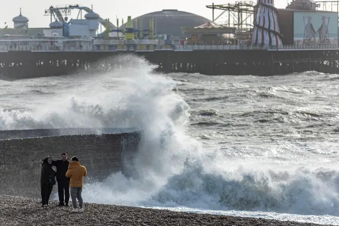 Brighton, November 13th 2023: Storm Debi battering the seafront at high tide in Brighton this morning Credit: Andrew Hasson/Alamy Live News