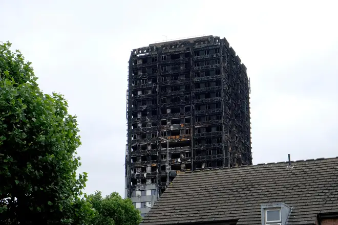 A close-up view of Grenfell Tower after the fire