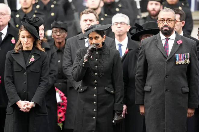 Suella Braverman, between James Cleverly, right, and Secretary of State for Culture, Media and Sport Lucy Frazer, left, at the Remembrance Day service. She was sacked the following day