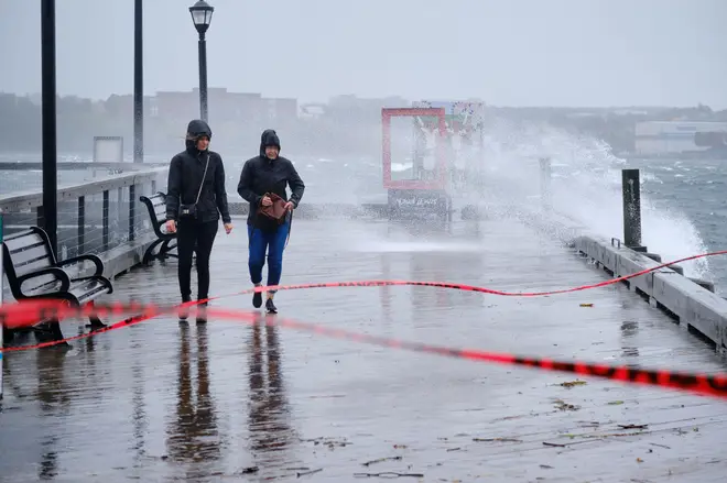 Halifax, Nova Scotia, Canada. September 16, 2023. As hurricane Lee hits Nova Scotia, a large storm surge hits Halifax with waves crashing along the boardwalk.