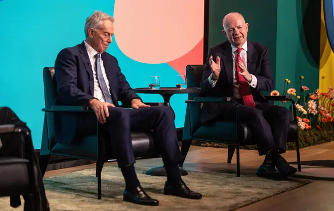 Tony Blair (left) and William Hague speaking at the Shaping Us National Symposium
