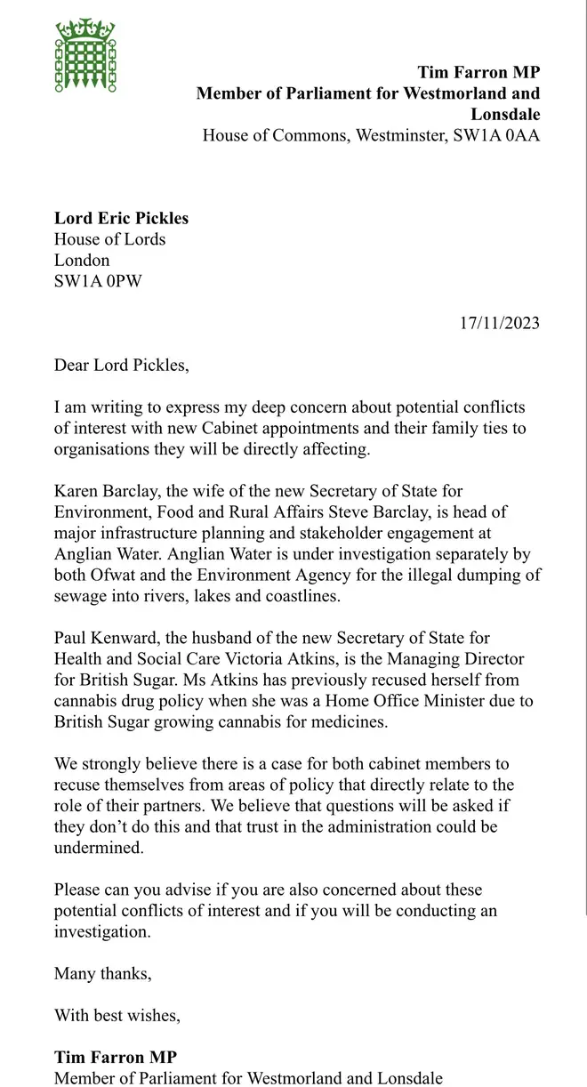 Farron's full letter to Lord Pickles