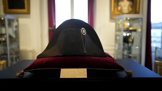 One of the signature broad, black hats that Napoleon wore when he ruled 19th-century France and waged war in Europe is on display at Osenat’s auction house in Fontainebleau, south of Paris