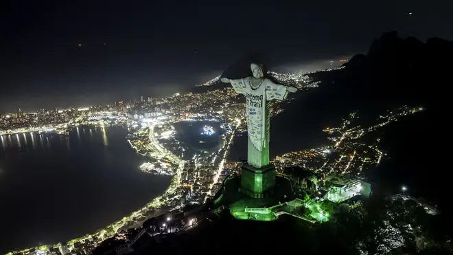The Christ the Redeemer statue illuminated with a welcome message for American singer Taylor Swift in Rio de Janeiro, Brazil