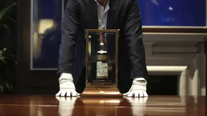 A bottle of Macallan Adami 1926 whisky on display during a media preview at Sotheby’s auction house in London