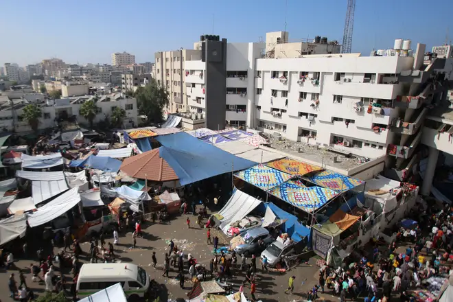 An aerial view shows the compound of Al-Shifa hospital in Gaza City on November 7