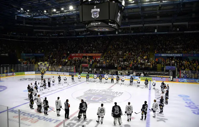 Players pay tribute before the Ice Hockey Adam Johnson memorial game between Nottingham Panthers and Manchester Storm