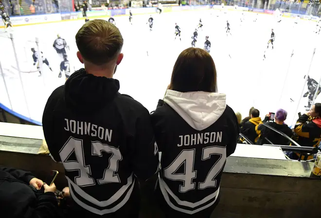 Nottingham Panthers fans wearing number 47, Adam Johnson's number, before the Adam Johnson memorial game
