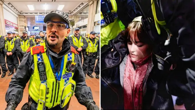 Protesters and police in Waterloo on Saturday