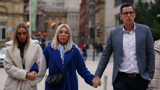 Left to right: Ashley Dales' sister, mother Julie Dale and stepfather Rob Jones arriving at Liverpool Crown Court for the trial of four men who are charged with the murder of the 28-year-old. Picture date: Monday October 2, 2023.