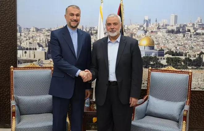 Haniyeh (R), pictured meeting the Iranian Foreign Minister, said in a statement that officials are “close to reaching a truce agreement.”