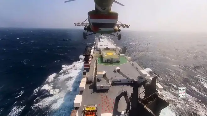 The rebels landed a helicopter on the cargo ship