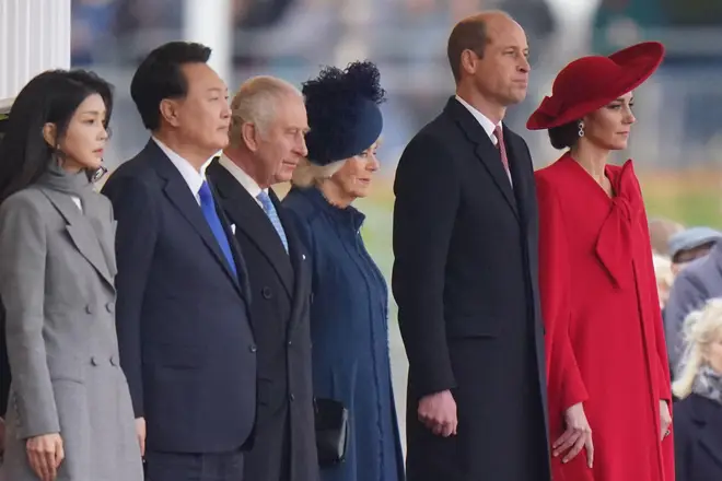 (Left to right) The wife of the President of South Korea Kim Keon Hee, President of South Korea Yoon Suk Yeol, King Charles III, Queen Camilla, the Prince of Wales and Princess of Wales