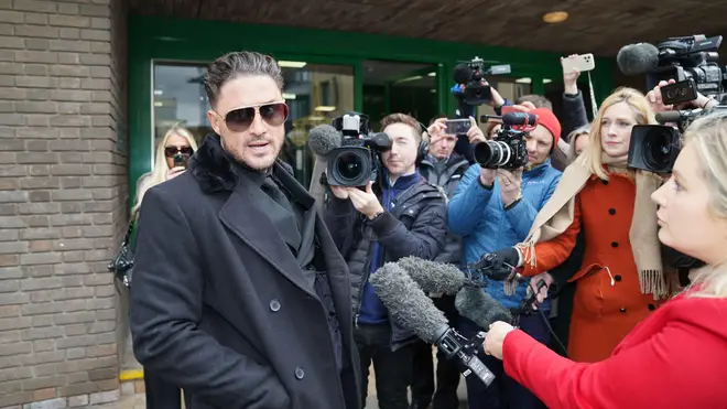 Reality TV star Stephen Bear speaks to the media as he arrives at Chelmsford Crown Court for sentencing after he was found guilty of voyeurism and two counts of disclosing private sexual photographs or films. March 3, 2023