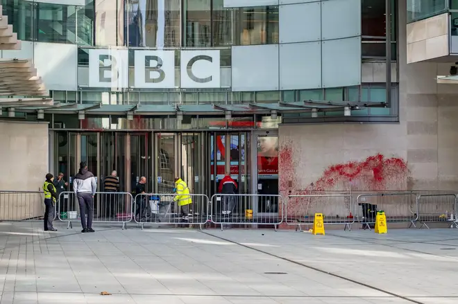 Pro-Palestinian group spray red paint on the BBC’s Broadcasting House headquarters in London over its coverage of the Israel-Hamas conflict.