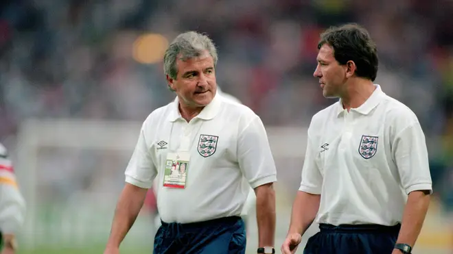 1996 European Championships, Semi-Final - Germany v England - England manager Terry Venables leaves the field with Bryan Robson