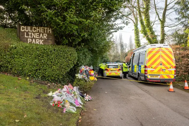 Floral tributes placed at the entrance to Culcheth Linear Park in Cheshire following the death of Brianna Ghey