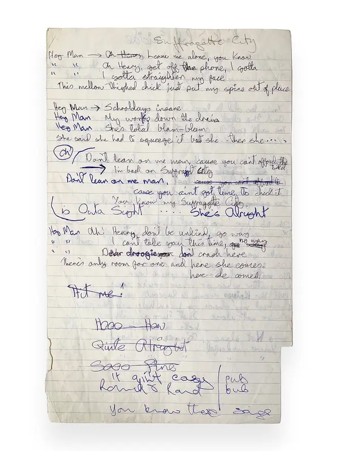 Handwritten lyrics for Suffragette City.