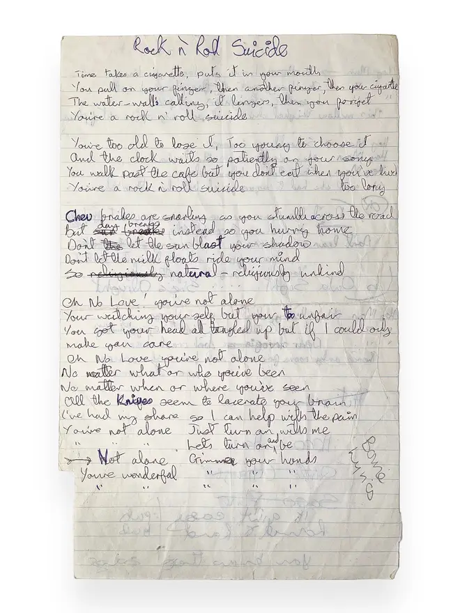 Handwritten lyrics for Rock n' Roll Suicide.