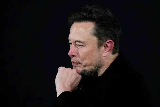Tesla and SpaceX's CEO Elon Musk pauses during an in-conversation event with Rishi Sunak in London earlier this month, November 2, 2023. (AP Photo/Kirsty Wigglesworth, Pool)