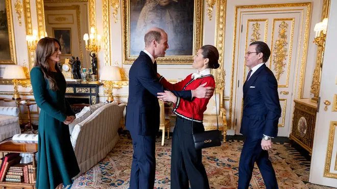 Crown Princess Victoria and Prince Daniel together with Prince William of Wales and Princess Catherine of Wales during Thursday's visit to Windsor Castle. Photo: Christine Olsson/TT/Code 10430 Credit: TT News Agency/Alamy Live News