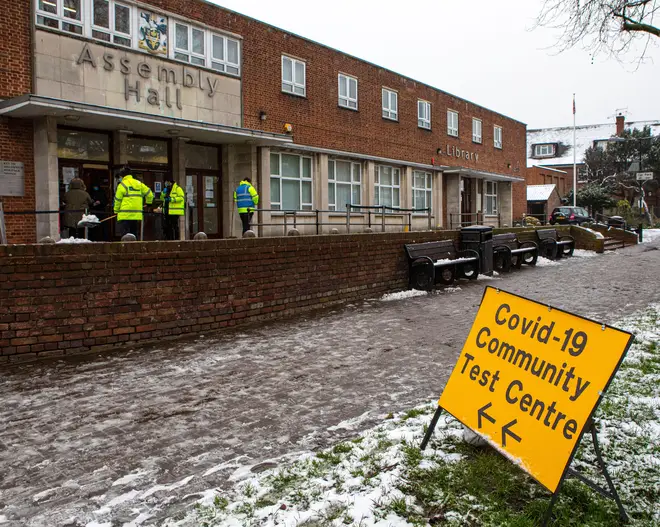 A sign outside a makeshift Covid-19 Community Test Centre in the Assembly Hall in Chingford, London, UK.