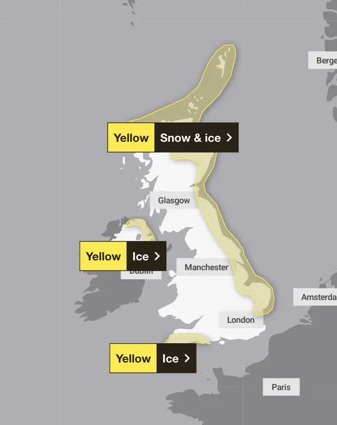 The Met Office has issued snow and ice warnings for large stretches of the country