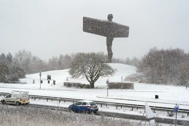The Angel of the North blanketed by snow
