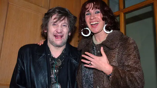 The Pogues singer Shane MacGowan and his wife Victoria Clarke showing off her new emerald stone upon their engagement