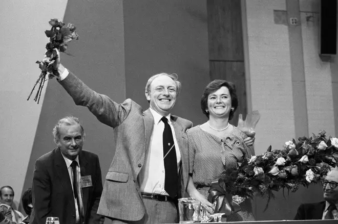 File photo dated 02/11/83 of Glenys Kinnock with Neil, acknowledging the applause which greeted the announcement of his victory in the Labour Party leadership election