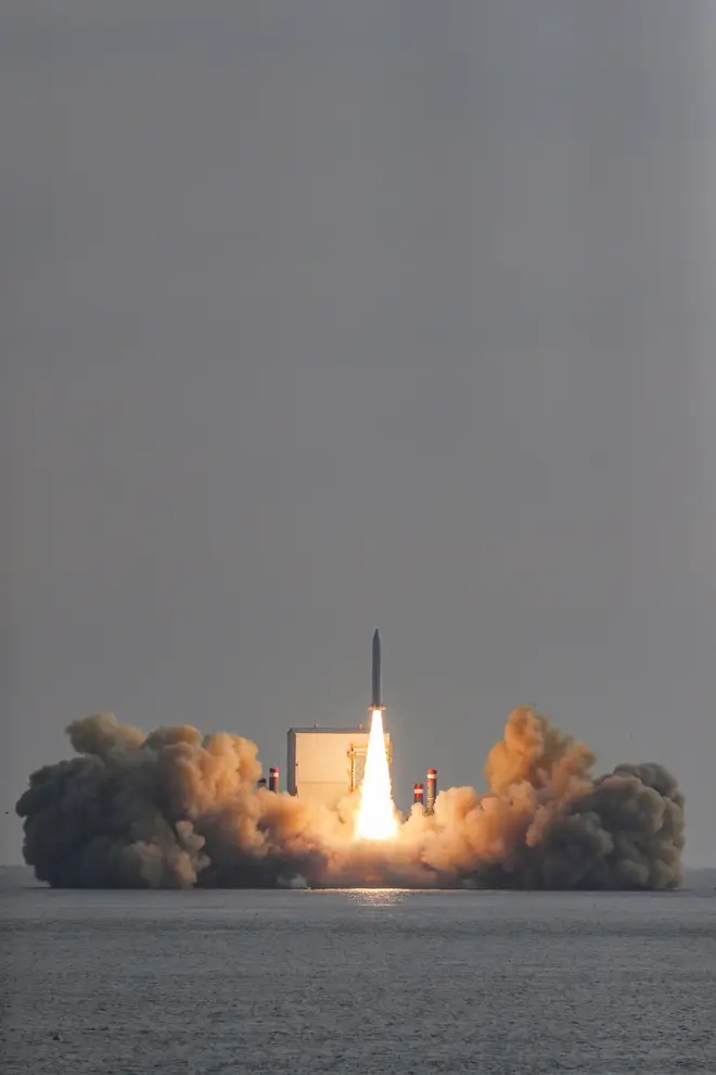 A test flight of a solid-fuel space rocket near South Korea's Jeju Island