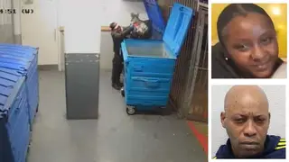 Mark Moodie (main) was captured on CCTV moving rubbish. Maureen Gitau (top right) whose body has never been found Mark Moodie (bottom right) who has been jailed for life for her murder