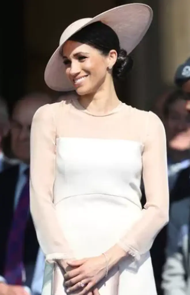 Meghan (pictured in 2018) wearing the Bentley & Skinner diamond line tennis bracelet featuring forty-eight round brilliant-cut diamonds weighing seven carats in total, worth at least £4,900