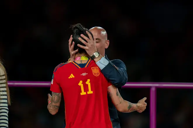 Jenni Hermoso (10 Spain) is kissed by president of the RFEF Luis Rubiales