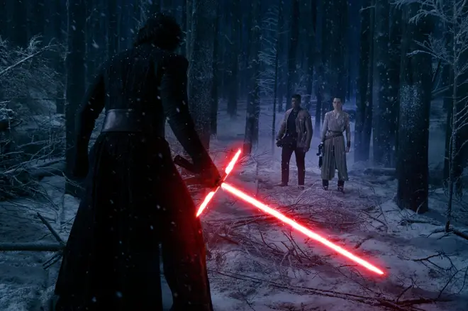 Kylo Ren faces off against Rey and Finn in Star Wars: The Force Awakens