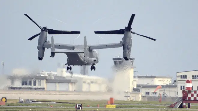 A US military CV-22 Osprey takes off from Iwakuni base, Yamaguchi prefecture, western Japan, in 2018