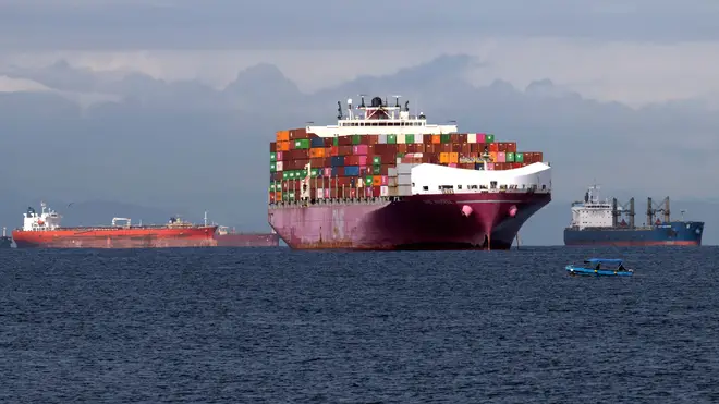 Cargo ships wait at the entrance of the Panama Canal at Panama Bay off Panama City.