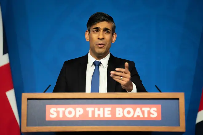 Prime Minister Rishi Sunak conducts a press conference in the Downing Street Briefing Room, as he gives an update on the plan to "stop the boats" and illegal migration