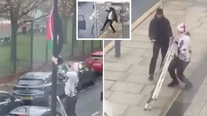 A bizarre fight broke out after a man tore down a Palestinian flag